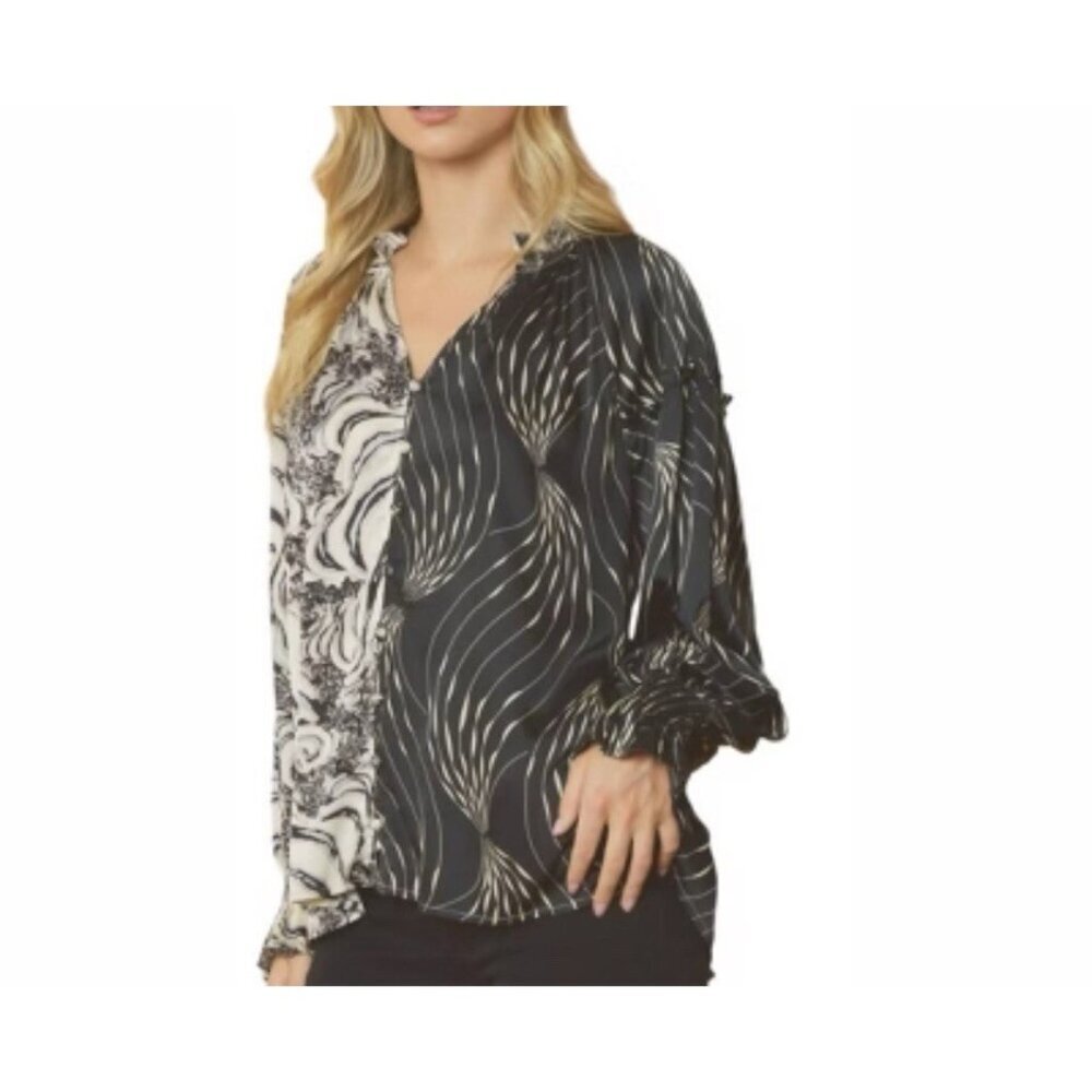 Entro Contrast Mixed Media Print Satiny Blouse Black Beige Button Front Size‎ XL